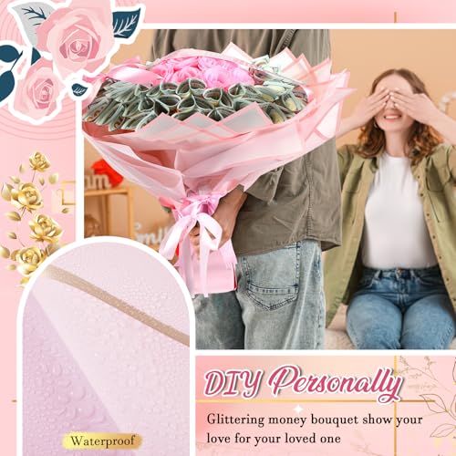 XunYee Bouquet Kit 20 Sheet Flower Wrapping Paper 100 Pcs Bamboo Skewers Floral Foam Blocks for Anniversary Birthday Gift Graduation Mother's Day(Transparent Pink) - color: Transparent Pink
