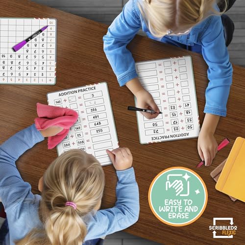 SCRIBBLEDO Addition Math Practice 9”x12” Small White Board Dry Erase Sheets Math Manipulatives 1st Grade Addition Math Homeschool Supplies Teacher Students Classroom Pack of 10 Sheets