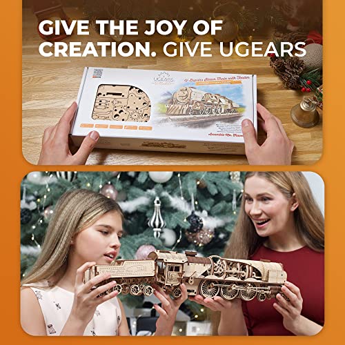 UGEARS Mini Locomotive + V-Express Steam Train with Tender Idea- 3D Wooden Puzzle Model Kits for Adults