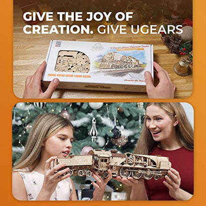 UGEARS Mini Locomotive + V-Express Steam Train with Tender Idea- 3D Wooden Puzzle Model Kits for Adults