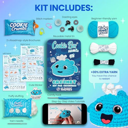 Cookie Box Crochet Kit for Beginners, Whale Luna - color: Blue and White
