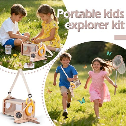 Bug Catcher Kit for Kids,11 PCS Wooden Bug Catching Kit with Butterfly Net,Magnifying Glass,Bug Habitat,Binoculars,Compass,Kids Explorer Kit for Backyard & Camping,Fun Gift for Girls Boys (11PCS)