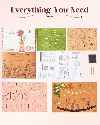Rowood 3D Puzzle,Mother's Day DIY Wooden Flower Building Craft Kits for Adults,Botannical Collection Home Decor,Christmas/Birthday/Teacher's Day/Valentine's Day Gift- Pink Dahlia - style: Pink Dahlia
