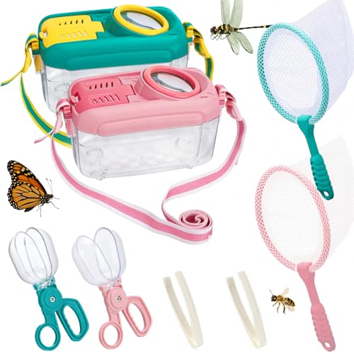 2 Sets Bug Catcher for Kids, Bug Catching Kit Gifts with Butterfly Net Toys - color: Blue + Pink