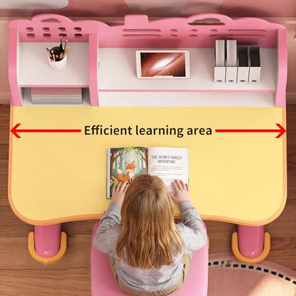 Kids Desk and Chair Set for Ages 3-12 - Height Adjustable Study Desk with Widened Desktop, Storage Drawer & Bookstand, Ergonomic Design, Supports up to 300 lbs - color: 606-pink