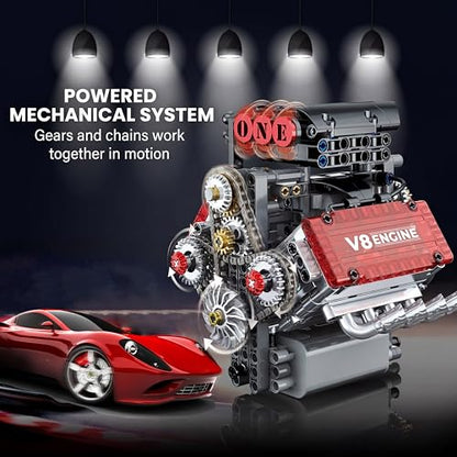Motorized V8 Engine Model Building Kit, Mechanical Engine Model that Moves, STEM Engineering Assembly Kit with Gear System, Desktop Display Collectible for Adults & Teens