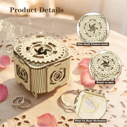 3D Wooden Puzzles Music Box for Adults, Mechanical Jewelry Storage Box, Wooden Ring Box Model Kits, Unique Gifts for Birthday, Anniversary, Mother's Day, Wedding - color: Light Birch