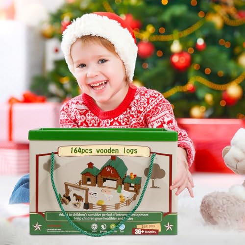 Wondertoys 164 Pcs Wooden Log Set Ranch Real Wood Logs Classic Building Log Ages 3+ Best Retro Farm Building Gift Set Creative Construction Engineering Educational Gifts - style: 164PCS Ranch