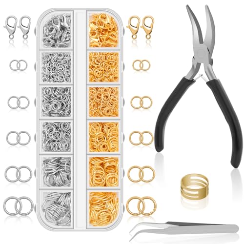 Anezus Jump Rings for Jewelry Making Supplies and Necklace Repair with Jump Ring Pliers and Open Jump Ring(1200Pcs Silver and Gold) - color: Silver and Gold