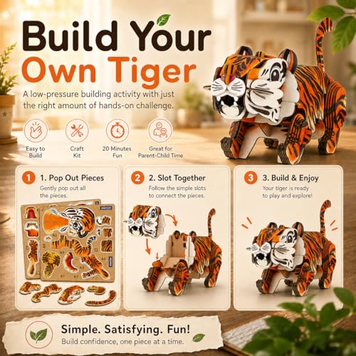 MierEdu Build 'N' Sound 3D Puzzle for Kids, Animal Puzzle with Sound Module, Educational STEM Craft Kit, FSC Paper Model Building Toy Gift for Ages 6+ - color: Tiger