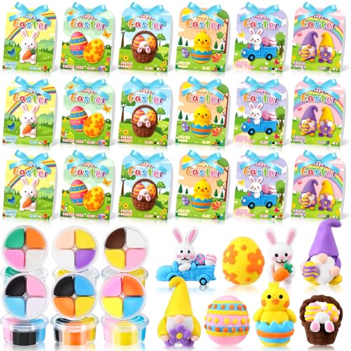 Capoda 18 Sets Easter Craft Kits Gifts for Kids Easter Air Dry Clay Kit Bunny Eggs DIY Modeling Clay with Tutorials Art Crafts for Kids Party Favors Basket Stuffers Classroom Prizes Fun Activities - style: Easter