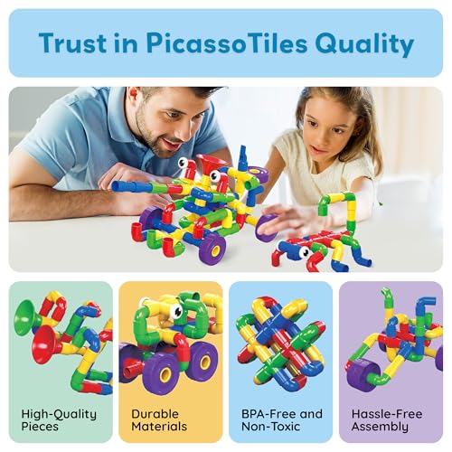 PicassoTiles PTT136 136pcs Tubular Pipes & Spout STEAM Interlocking Educational Building Block Set, Tube Locks, Pipeworks Construction Blocks w/Storage Container Box, Idea Book, Flute Musical Kit - color: 136pcs Tubular Pipes & Spout