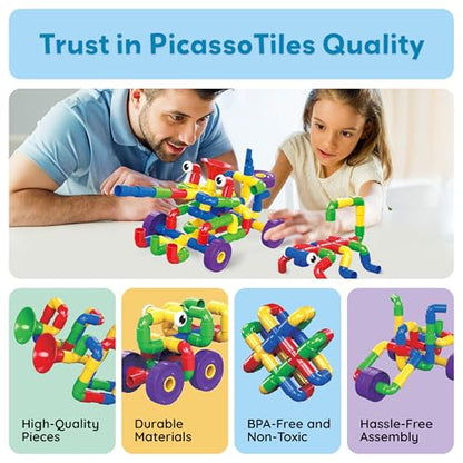PicassoTiles PTT136 136pcs Tubular Pipes & Spout STEAM Interlocking Educational Building Block Set, Tube Locks, Pipeworks Construction Blocks w/Storage Container Box, Idea Book, Flute Musical Kit - color: 136pcs Tubular Pipes & Spout