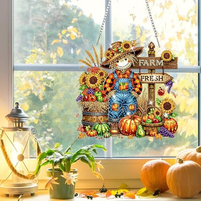 NAIMOER Halloween Diamond Art Hanging Kits for Adults, Scarecrow 5D Special Shaped Rhinestone, DIY Acrylic Diamond Art Painting Window Pendants Home Garden Wall Hanging Ornament Kits, Double Sided - color: Fall Scarecrow