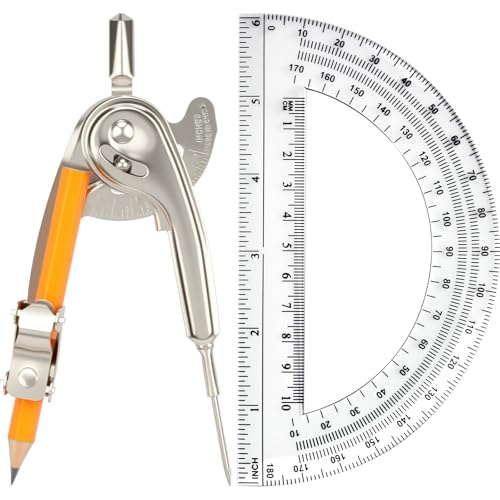 Mototo 2-PCS Geometry Tool Set, Math Compass for Geometry and 6 Inch Protractor Set Include Metal Compass with Pencil and Clear Plastic Protractor for Student Classroom Office Woodworking Art Drawing - style: 2 Pack