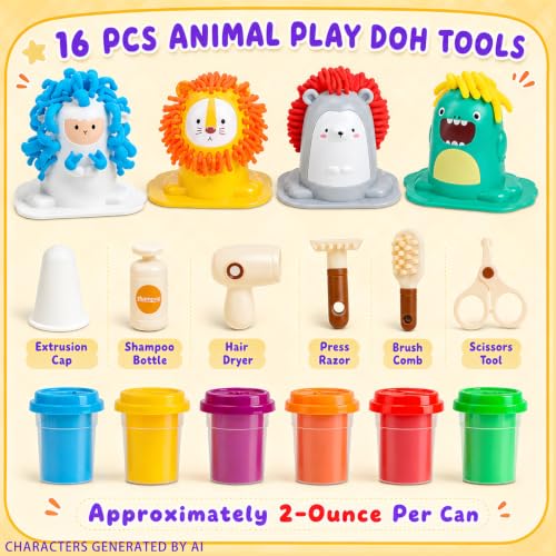 16PCS Play Color Dough Set for Kids Ages 3+,Hair Salon Dough Play Toys