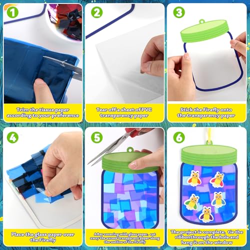 QOUBAI 32 Sets Spring Insect Suncatchers Craft Kit DIY Window Stained Glass Effect Firefly Jar Paper Craft for Home School Classroom Decor Kid Birthday Gifts Creative Art Projects Activity Game - style: Firefly