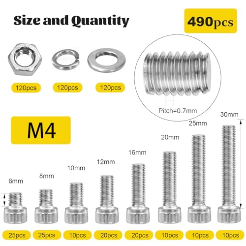 490PCS M4 Socket Screws Assortment Kit, M4x6/8/10/12/16/20/25/30 mm - size: SS M4 490pcs