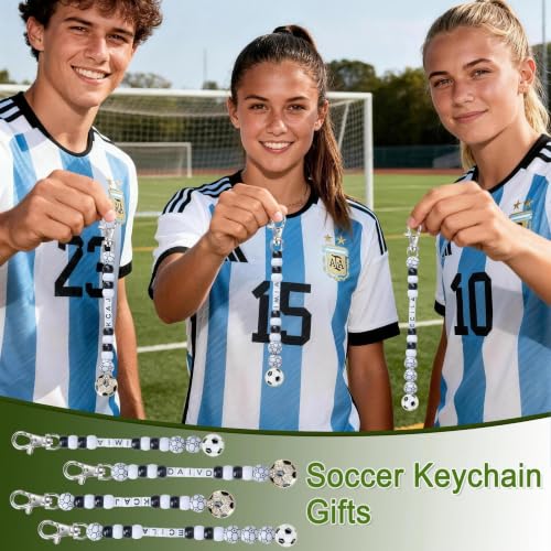 Tuhangcc 500 Pcs Soccer DIY Keychain Making Kit, Adjustable Letter Alphabet Beads Strings, 16 Charm Cards with Lobster Clasps & Strings for Sport Theme Party Favor Gift (Soccer) - color: Soccer