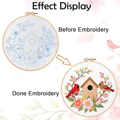 Louise Maelys Cardinal Birdhouse Flowers Embroidery Kit for Beginners - color: Cardinal Bird and Birdhouse