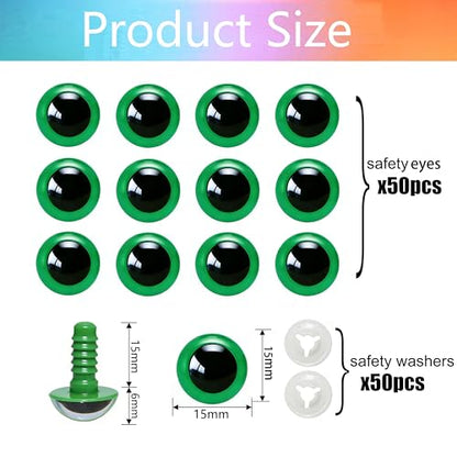 BESTCYC 100pcs 15mm Green Plastic Safety Eyes Craft Eyes with Washers for Amigurumi Dolls Plush Animals DIY Craft Lovers Doll Makers Crochet Craft Supplies - color: Green, size: 15mm