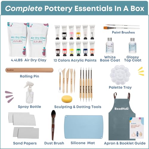Air Dry Clay Pottery Kit for Adults Beginner, Starter Kit with 4.4Lbs Air-Dry Modeling Clay, Sculpting Tools, Paint & Glaze, Molding, Sculpt & Painting Set Hobby DIY Art Craft Kits (Gray Beige) - color: Gray Beige
