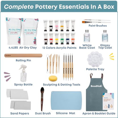 Air Dry Clay Pottery Kit for Adults Beginner, Starter Kit with 4.4Lbs Air-Dry Modeling Clay, Sculpting Tools, Paint & Glaze, Molding, Sculpt & Painting Set Hobby DIY Art Craft Kits (Gray Beige) - color: Gray Beige