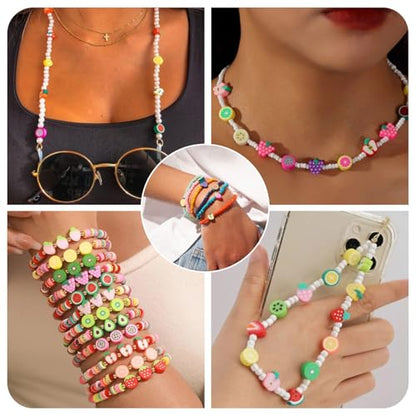 Elecrelive 11 Strands Green Fruit Clay Beads Mixed Avocado Lemon Apple Kiwi Slice Charms Flower Polymer Clay Spacer Beads for Necklace Bracelets Earrings Key Chains Making - color: Lime Green