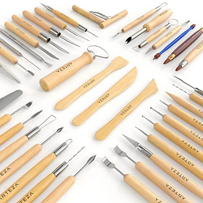 Arteza Pottery & Polymer Clay Tools, 42-Piece Sculpting Set, Steel Tip Tools with Wooden Handles, for Pottery Modeling, Smoothing, Carving & Ceramics - size: Set of 42