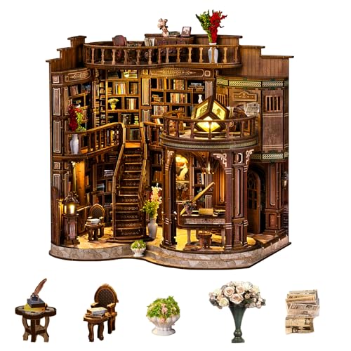 DIY Book Nook Kit, 3D Wooden Puzzle Miniature Booknook Bookend Bookshelf Decor with LED Light,Cherry Blossom Bookstore Bookshelf Insert Booknook, Book Nook Kits for Adults
