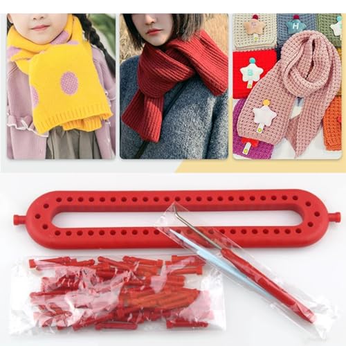 Dense Teeth Rectangle Knitting Looms，Plastic Weaving Looms Set，Weaving Loom，Scarf Hats Making Tools，DIY Crocheting Handmade Craft Kit with a Crochet Hook and Needle for Knitting Lovers，26 cm (Red) - size: Rectangle,26cm,Close Pegs