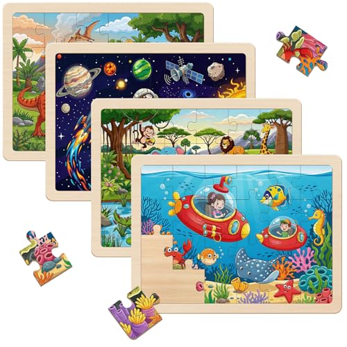 Wooden Puzzles Dinosaur Toys for Kids Ages 3-5 Year Old, 4 Packs 24 Piece - color: Space Mashup