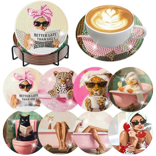 8 Pack Diamond Art Coasters, Pink Bow Woman Diamond Painting Coasters - color: Bathroom Coasters