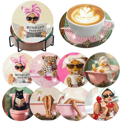 8 Pack Diamond Art Coasters, Pink Bow Woman Diamond Painting Coasters - color: Bathroom Coasters