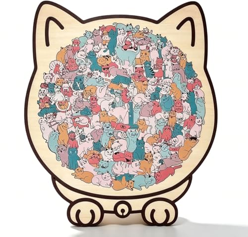 135 Pcs Cat Shaped Wooden Jigsaw Puzzle with Frame & Acrylic Cover, Macaron Color Animal Puzzle for Adults, Cute Cat Lover Gifts for Home Decor & Mindful Relaxation - color: Macaron Cat01