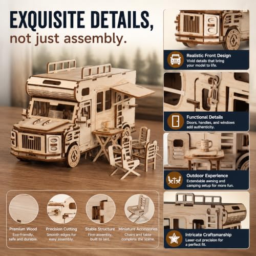 3D Wooden Puzzle for Adults Teens,DIY Camper Van Model Building Kit,Camping RV Set Model Puzzles,Stress Relief Craft,Ideal Christmas Birthday Gift for Family Activity or Home Decor