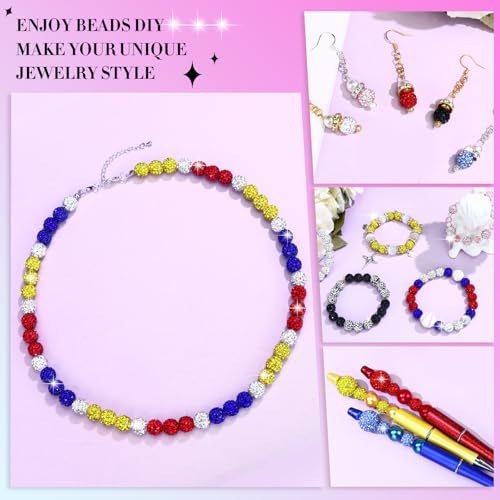 Dowarm 255PCS 10mm Rhinestone Beads for Baseball Necklace Bracelet Jewelry Making, Round Rhinestone Clay Beads for Craft Beaded Pen, Shamballa Pave Diamond, Yellow|Red|Blue|White - color: 12-Yellow | Red | Blue | White
