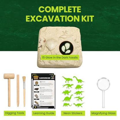 Nature Gear Dino Fossil Dig Kit for Kids, Educational Excavation Kit with 15 Glow in The Dark Mystery Fossils, Interactive Dinosaur Science Kits for Kids Age 3-5 and Up, Excavation Adventure Kit - style: Excavation Adventure Kit