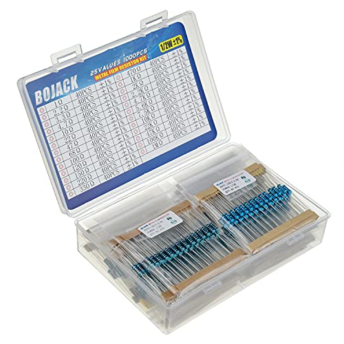 BOJACK 1000 Pcs 25 Values Resistor Kit 1 Ohm-1M Ohm with 1% 1/2W Metal Film Resistors Assortment - size: 1/2 W