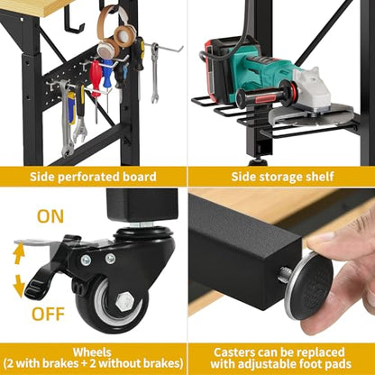 DWVO 60in Heavy Duty Workbench with Pegboard & Wheels Adjustable Work Table - size: 60" Workbench w/Pegboard