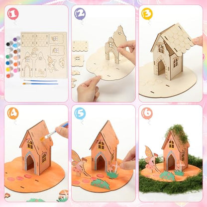 DoubleFill Wooden Fairy House Craft Kit with Paints, 18 Sets, Cute Tall - style: Cute Tall