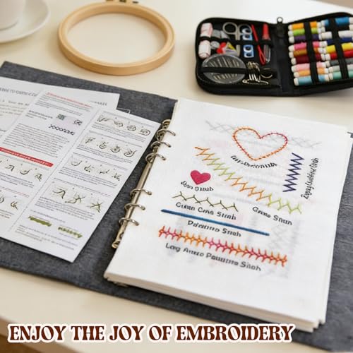 Bekecidi Embroidery Learning Book Kit for Beginners | 106 Stitch Patterns, 6-Inch Embroidery Hoop, 16.8x10.7 Inches Open Book Size, Hardcover Guide & Complete Sewing Tools Set