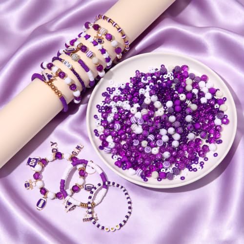 2200PCS+ Game Day Beads Charms for Bracelet Making Polymer Clay Beads Crystal Pearl Letter Gold Spacer Beads Football Charms for Game Day Bracelet Necklace Making DIY Crafts - color: Purple White