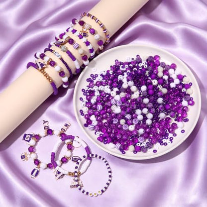 2200PCS+ Game Day Beads Charms for Bracelet Making Polymer Clay Beads Crystal Pearl Letter Gold Spacer Beads Football Charms for Game Day Bracelet Necklace Making DIY Crafts - color: Purple White