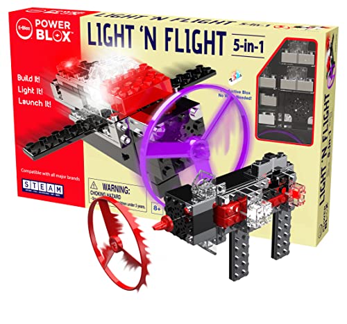 E-Blox Power Blox Light N' Flight 5-in-1 STEM Kit (58 Pieces), LED Light Up Building Blocks & Fan Launch Toy Set, Build 5 3D Structures, Great Science Project for Kids, Birthday Gift, Boys, Girls, 8+