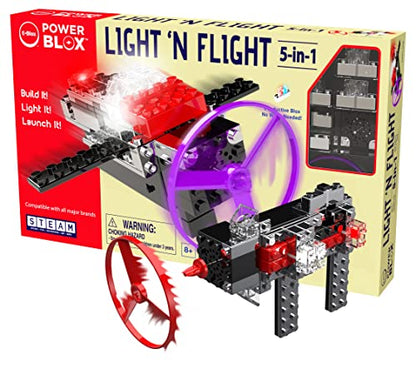 E-Blox Power Blox Light N' Flight 5-in-1 STEM Kit (58 Pieces), LED Light Up Building Blocks & Fan Launch Toy Set, Build 5 3D Structures, Great Science Project for Kids, Birthday Gift, Boys, Girls, 8+