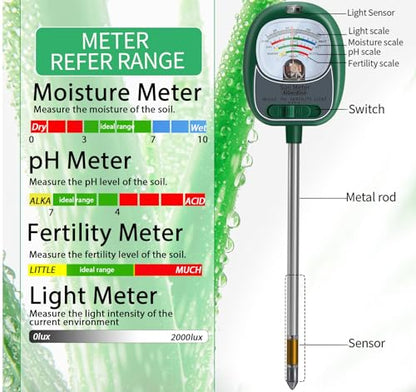 Soil Tester, Soil Moisture Meter/Soil pH Meter/Sun-Light/Fertility for Gardening, Large Dial Soil pH Tester Plant Water Meter for Indoor&Outdoor Garden,Farm Soil Test Kit-DeepGreen