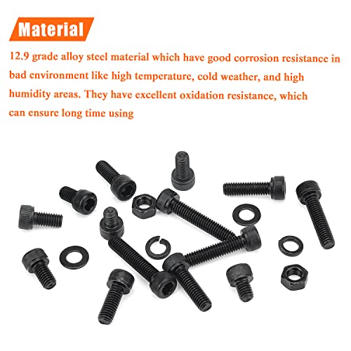 HELIFOUNER 128 Pieces M6 x 8mm /10mm /12mm /16mm /20mm /25mm /30mm, Hex Socket Head Cap Screws Bolts Washers Nuts Kit, 12.9 Grade Alloy Steel, Full Threaded, Black - size: M6, style: Socket Head
