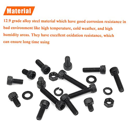 HELIFOUNER 128 Pieces M6 x 8mm /10mm /12mm /16mm /20mm /25mm /30mm, Hex Socket Head Cap Screws Bolts Washers Nuts Kit, 12.9 Grade Alloy Steel, Full Threaded, Black - size: M6, style: Socket Head