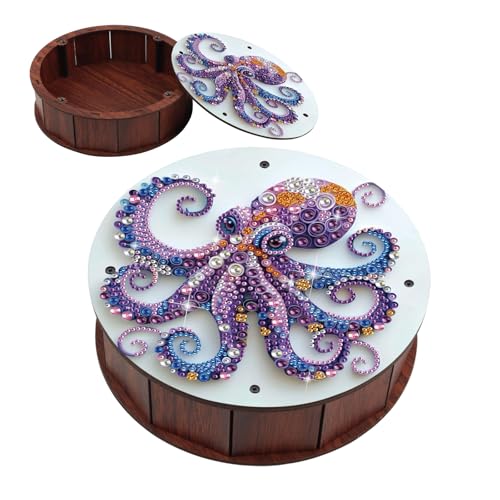 antor DIY Diamond Art Painting Storage Box, Octopus Design 5D Crystal Rhinestone Art Wooden Serving Box, Round Snack or Trinket Container Tabletop Ornament for Ocean Decor or Handmade Gift - color: Octopus